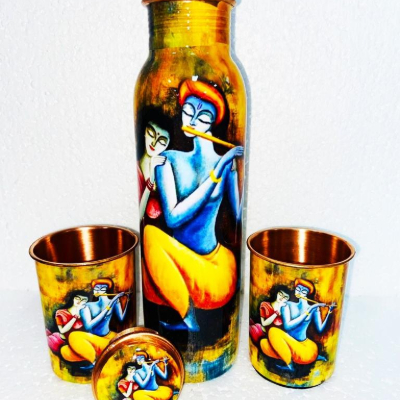 Krishna Meena Work with 2 glass set
